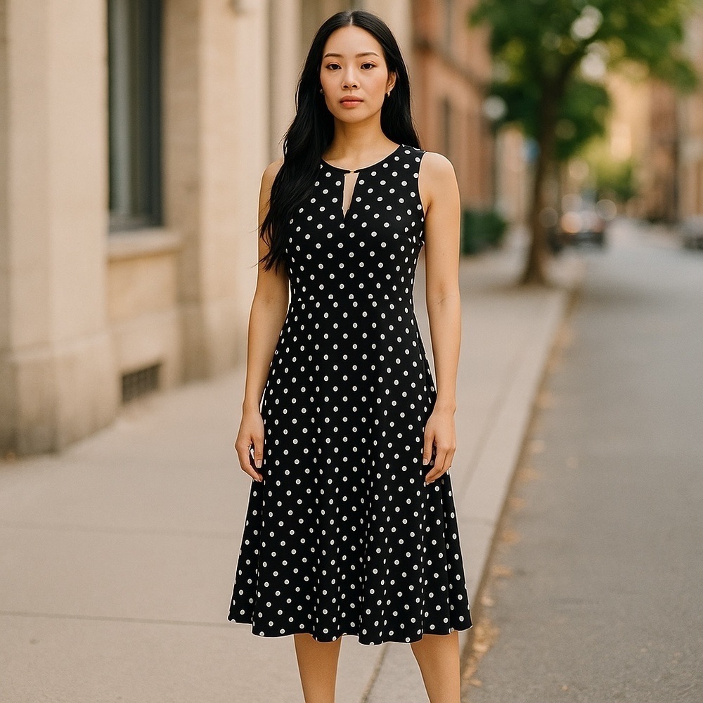 LIZ CLAIBORNE Women's size 10 Black White Polka dot Sleeveless A-Line Midi Dress